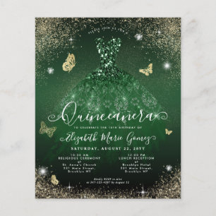 Cheap Emerald Green Gold Gown Quinceanera Card Flyer