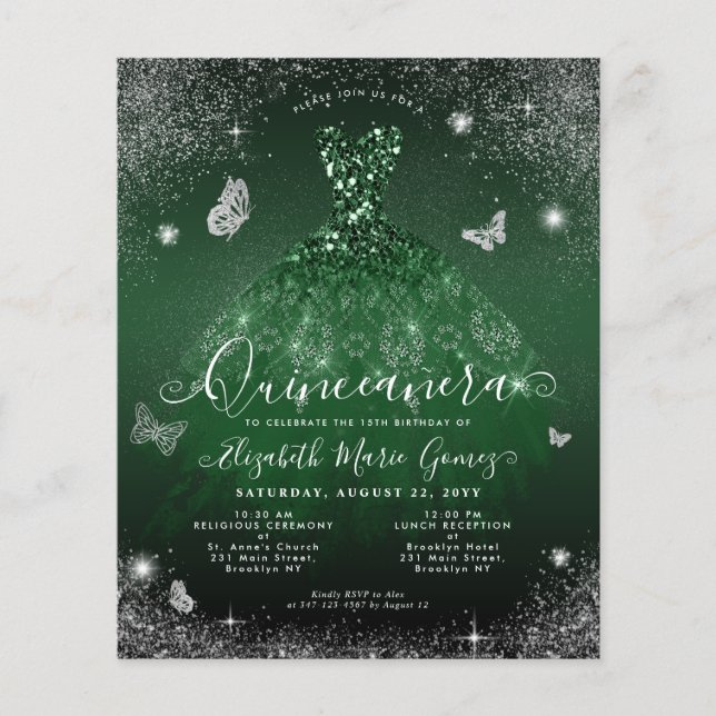 Cheap Emerald Green Silver Gown Foto Quinceanera Flyer (Vorne)