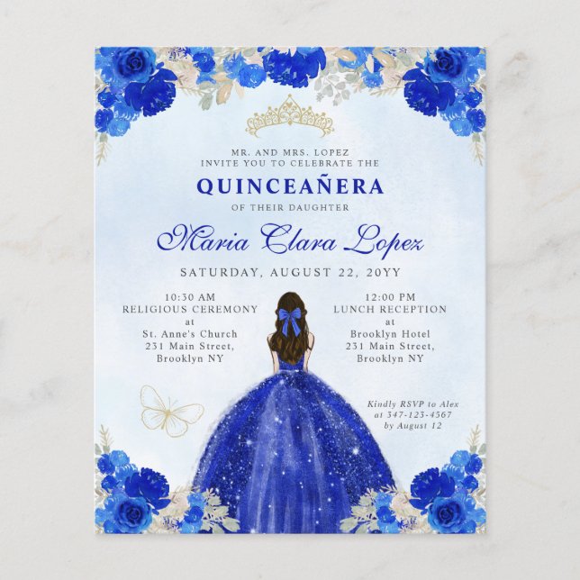 Cheap Royal Blue Gold Floral Princess Quinceañera Flyer (Vorne)