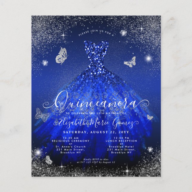 Cheap Royal Blue Silver Gown Quinceanera Einladung Flyer (Vorne)