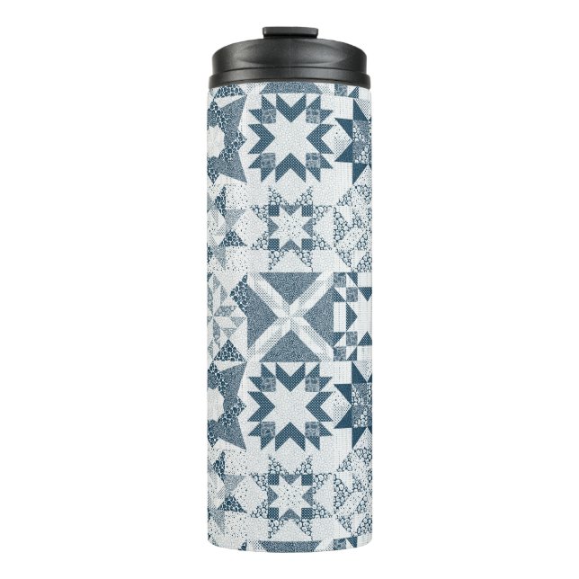 Cheater Traditionelle Patchwork Stars Quilt Blue Thermosbecher (Vorderseite)