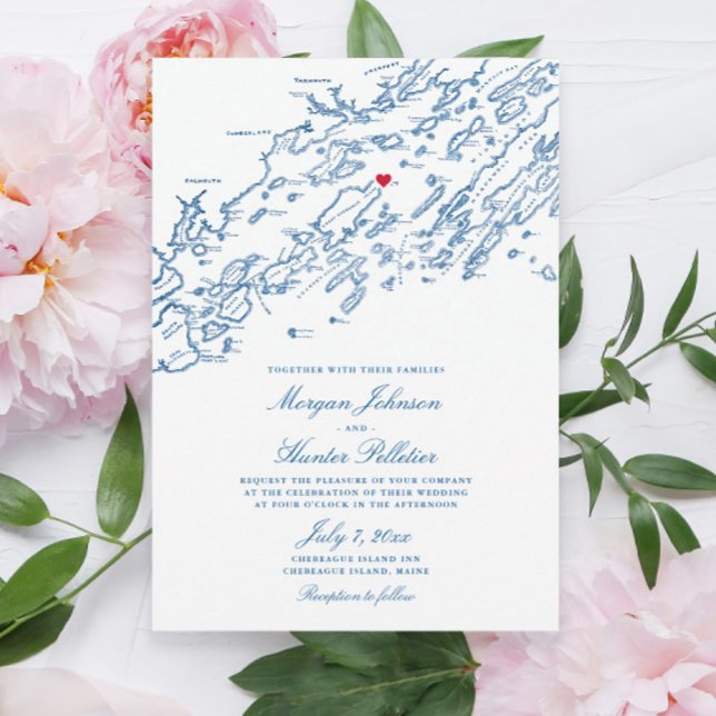 Chebeague Island Maine Elegant Navy Map Wedding Einladung (These Chebeague Island Inn Wedding invitations are perfect for your Casco Bay Destination Wedding)