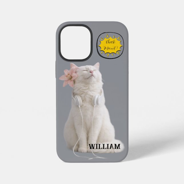CHECK MEO White Cat with Headphones – Personalized iPhone 12 Mini Hülle (Rückseite)