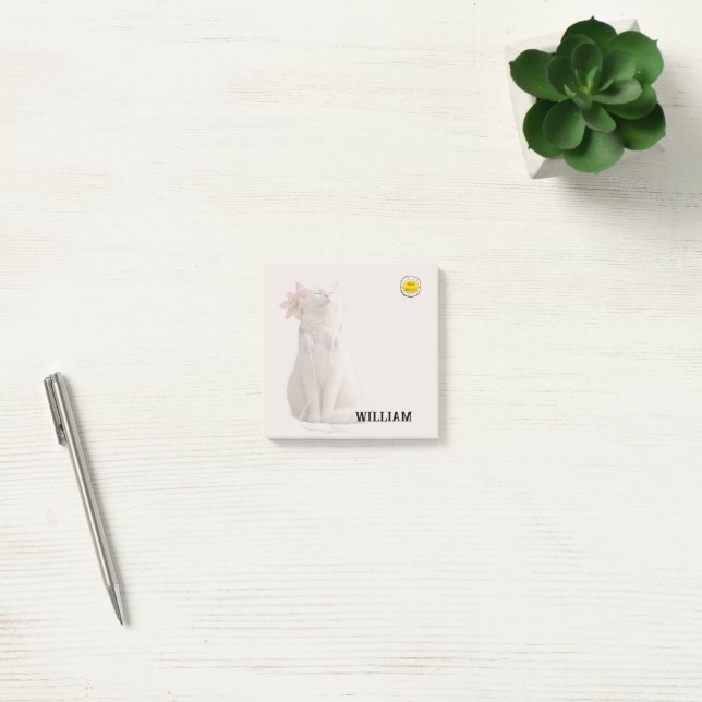 CHECK MEO White Cat with Headphones – Personalized Post-it Klebezettel (Büro)