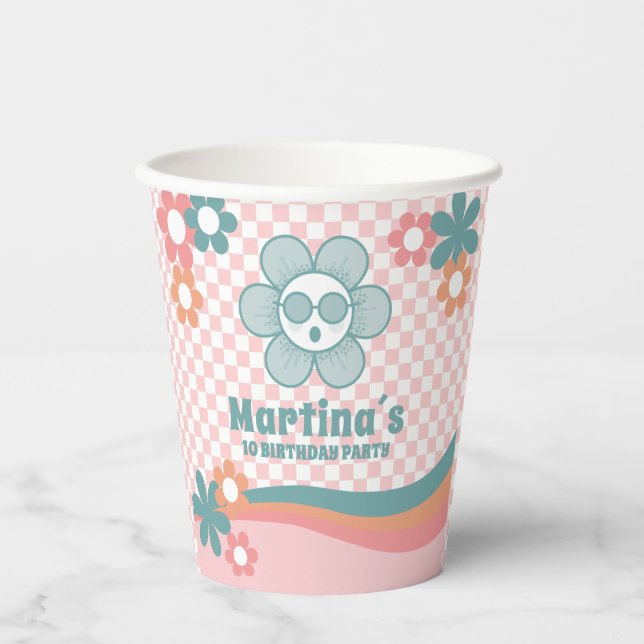 Checked Daisy Birthday Party Paper Cups Pappbecher (Vorderseite)