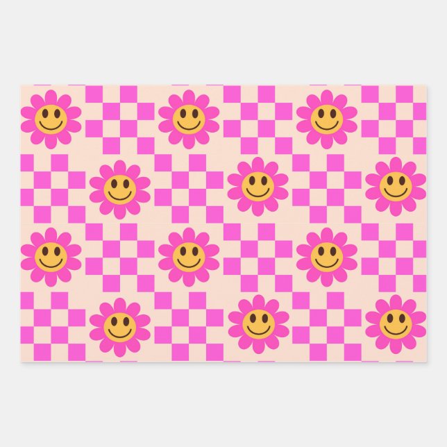 Checked Hot Pink Lächeln Blume mit Quadraten Geschenkpapier Set (Vorderseite)