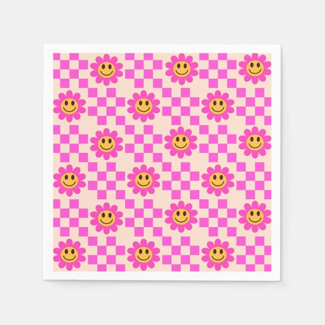Checked Hot Pink Lächeln Blume mit Quadraten Serviette (Vorderseite)