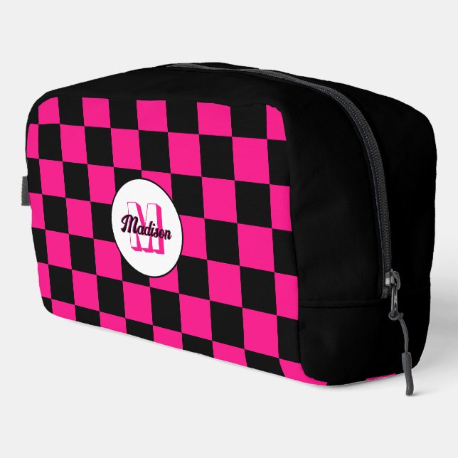 Checked Hot rosa Schwarzes geometrisches Retro Mon Waschbeutel (Rechte Ecke)