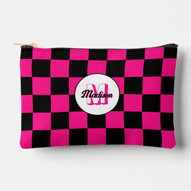 Checked Hot rosa Schwarzes geometrisches Retro Mon Zubehörtasche (Vorderseite)