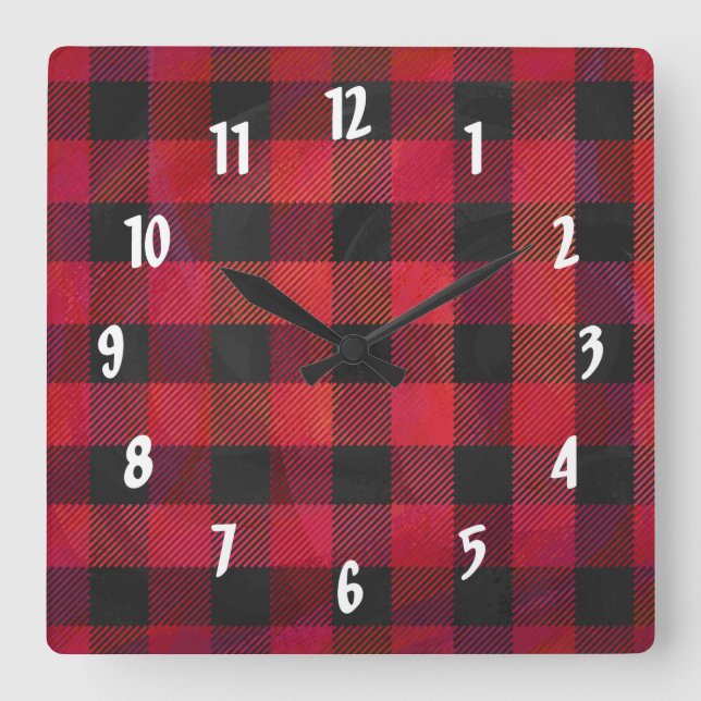 Checked Kariert Red and Black Quadratische Wanduhr (Vorderseite)