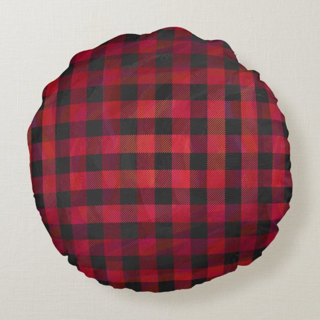 Checked Kariert Red and Black Rundes Kissen (Rückseite)