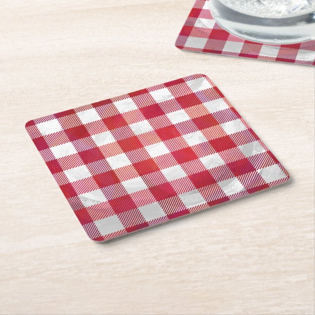 Checked Kariert Red and White Rechteckiger Pappuntersetzer (angewinkelt)