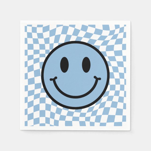 Checked Wavy Blue Preppy Smile Birthday Serviette (Vorderseite)