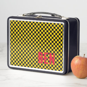 Checkerboard Black Gold School Kinder NAME Spaß Metall Brotdose