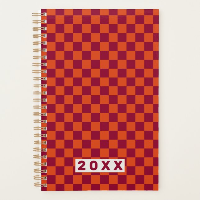 Checkerboard Orange Burgundy Retro Pattern 2026  Planer (Vorderseite)
