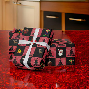 Checkerboard Santa Snowman Wreath Black Red Geschenkpapier