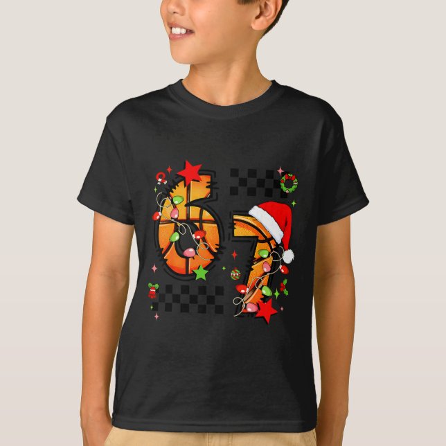 Checkered 67 Basketball Santa Hat Christmas Six Se T-Shirt (Vorderseite)