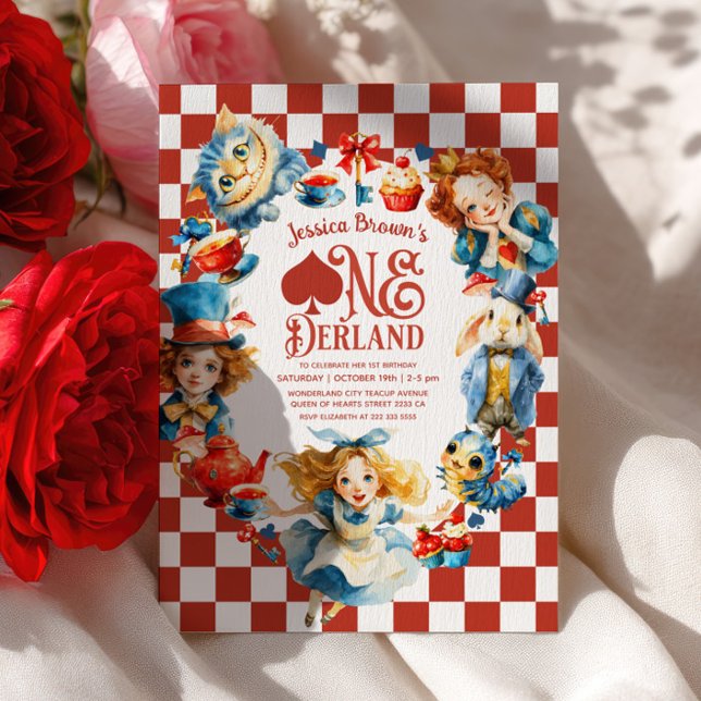 Checkered Alice in ONEDERLAND 1st Birthday Party Einladung (Von Creator hochgeladen)