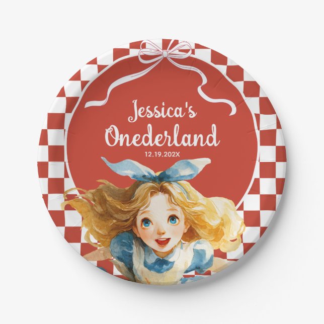 Checkered Alice in ONEDERLAND 1st Birthday Party Pappteller (Vorderseite)
