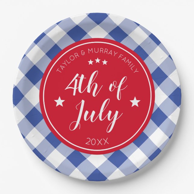 Checkered Blue Gingham 4. Juli Family Party Pappteller (Vorderseite)