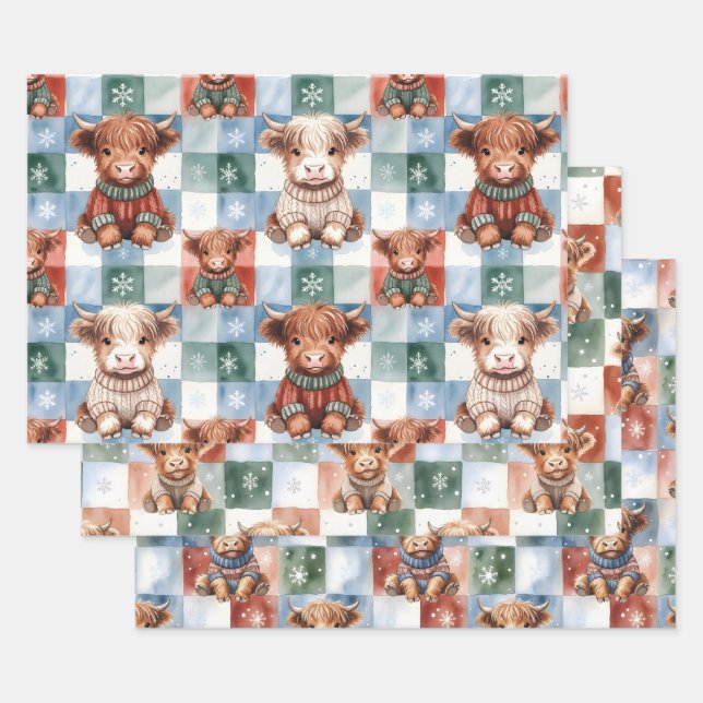 Checkered Christmas Highland Cow Red Green Blue  Geschenkpapier Set (Set)