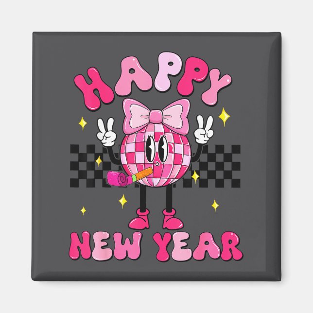 Checkered Happy New Year 2026 Disco Ball New Year  Magnet (Vorne)