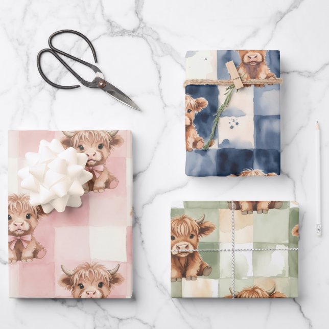 Checkered Highland Cow pink green blue Gift Wrap Geschenkpapier Set (Vorderseite)