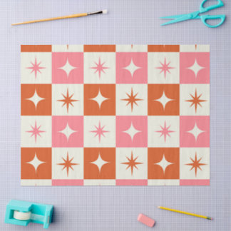 Checkered Mid Century Atomic Stars Pink Orange  Seidenpapier