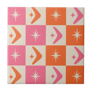 Checkered Mid Century Boomerangs pink and orange  Fliese