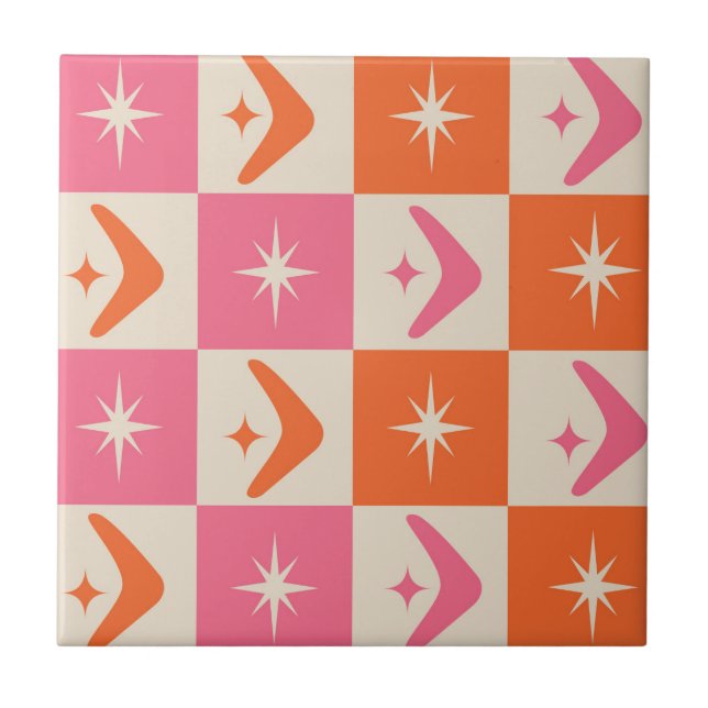 Checkered Mid Century Boomerangs pink and orange  Fliese (Vorderseite)