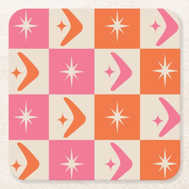 Checkered Mid Century Boomerangs pink and orange  Rechteckiger Pappuntersetzer (Vorderseite)