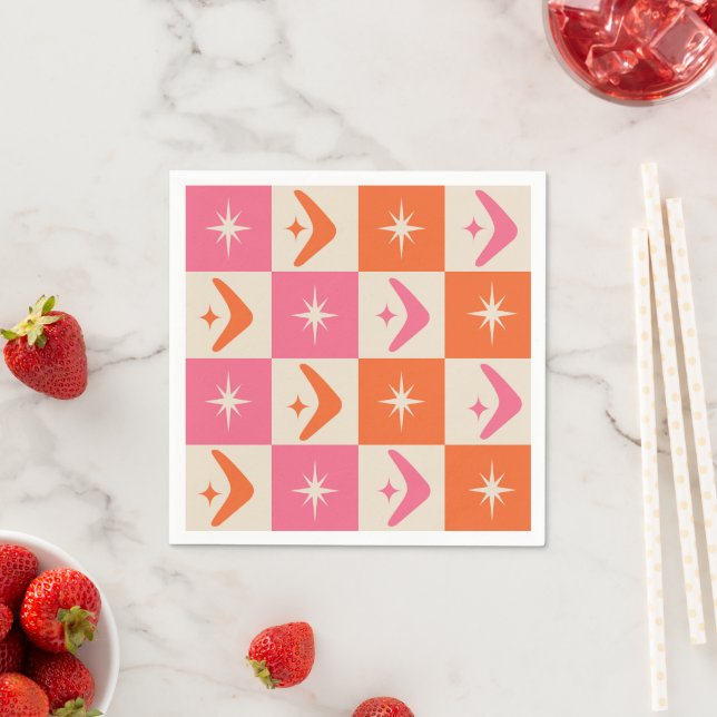 Checkered Mid Century Boomerangs pink and orange  Serviette (Beispiel)