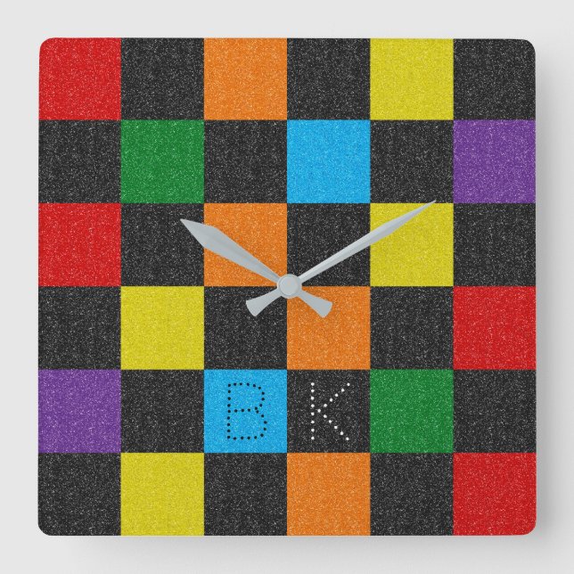 Checkered Pattern Fashion Rainbow LGBTQ Monogram Quadratische Wanduhr (Vorderseite)