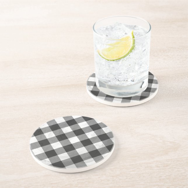 Checkered Plaid Black And White Getränkeuntersetzer (Seite)