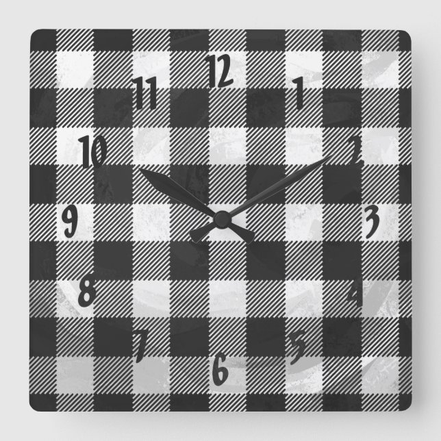 Checkered Plaid Black And White Quadratische Wanduhr (Vorderseite)