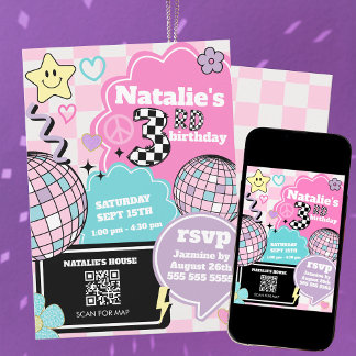 Checkered Retro Groovy Disco 3. Geburtstag Party Einladung