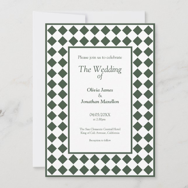 Checkered Simple Modern Dark Green Wedding Einladung (Vorderseite)