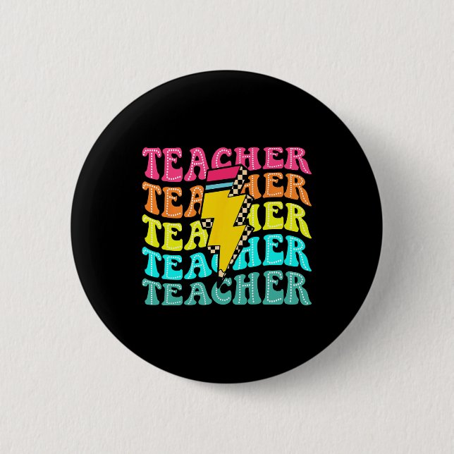 Checkered Teacher Bolt Lightning Back To School Te Button (Vorderseite)