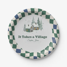 Checkered Winter "It Takes a Village" baby shower Pappteller
