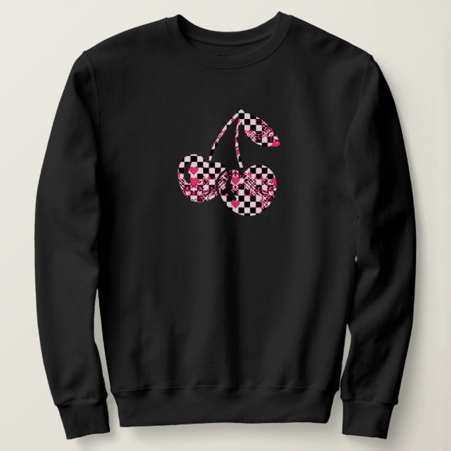 Checkers & Pink Hearts Patterned Cherries Sweatshirt (Design vorne)
