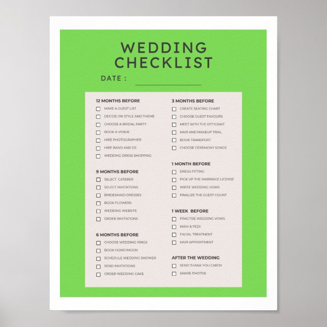 Checkliste für Hochzeitsplanung Poster (Vorne)