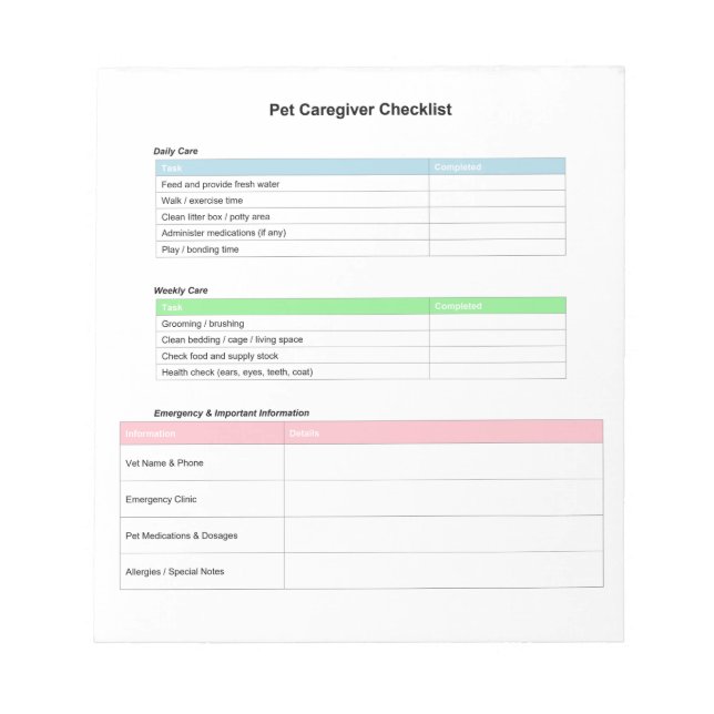 Checkliste für Tierpflege Notizblock (Vorderseite)
