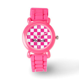 Checkter, rosa, weißer Retro mit Zahlen Ihr Name Armbanduhr
