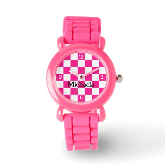 Checkter, rosa, weißer Retro mit Zahlen Ihr Name Armbanduhr (Vorderseite)
