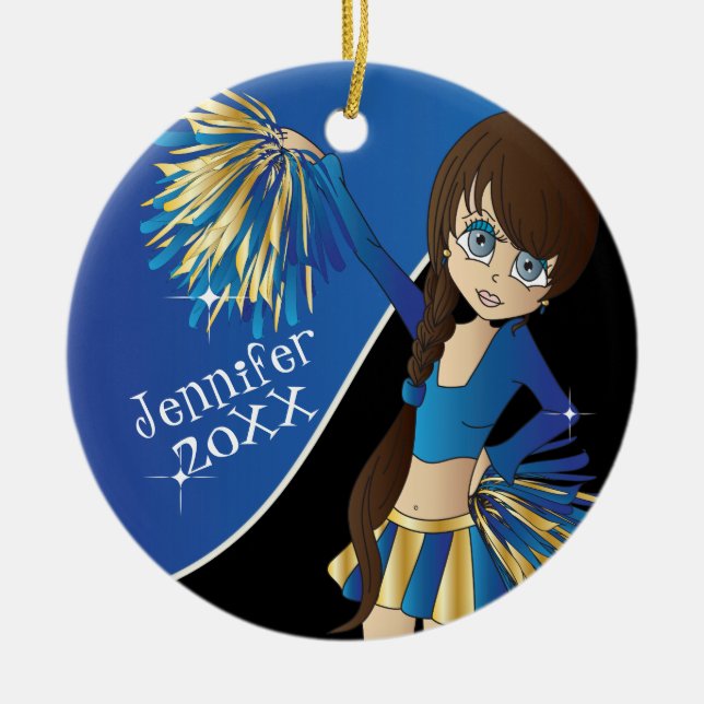 Cheer 📣 💖 Blue Cheerleader Girl Keramikornament (Vorne)