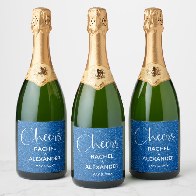 CHEER Blue Glitzer Wedding Sparkling Wine Labels (Flaschen)