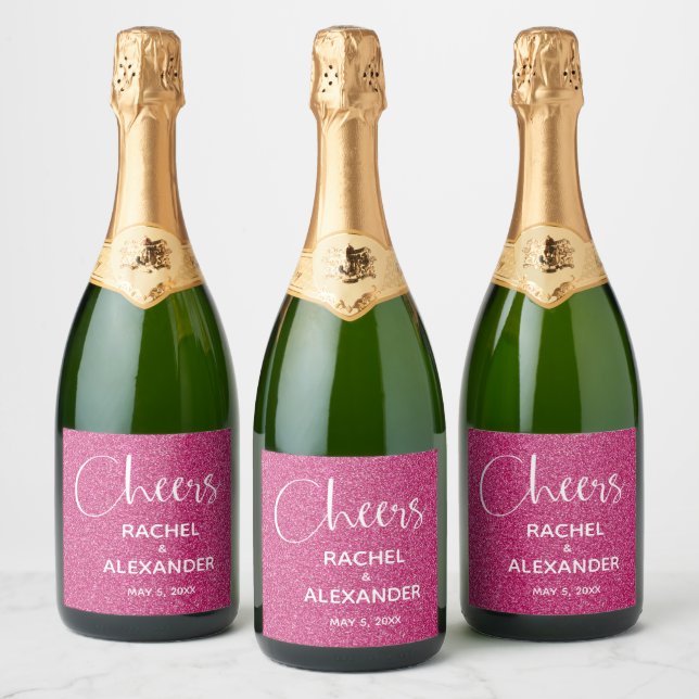 CHEER Hot Pink Glitzer Wedding Sparkling Wine Labe (Flaschen)