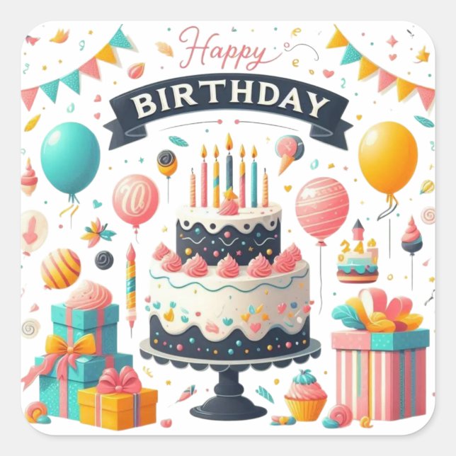 Cheerful Birthday Celebration Cake & Balloons Quadratischer Aufkleber (Vorderseite)