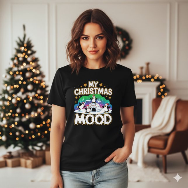 Cheerful Black Festive Penguin Igloo Christmas T-Shirt (Von Creator hochgeladen)
