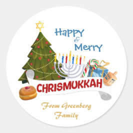 Cheerful Blended Holiday Chrismukkah Tree, Menorah Runder Aufkleber
